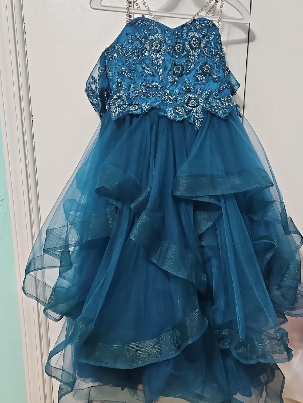 Girls Teal Blue Beaded Tulle Party Dress